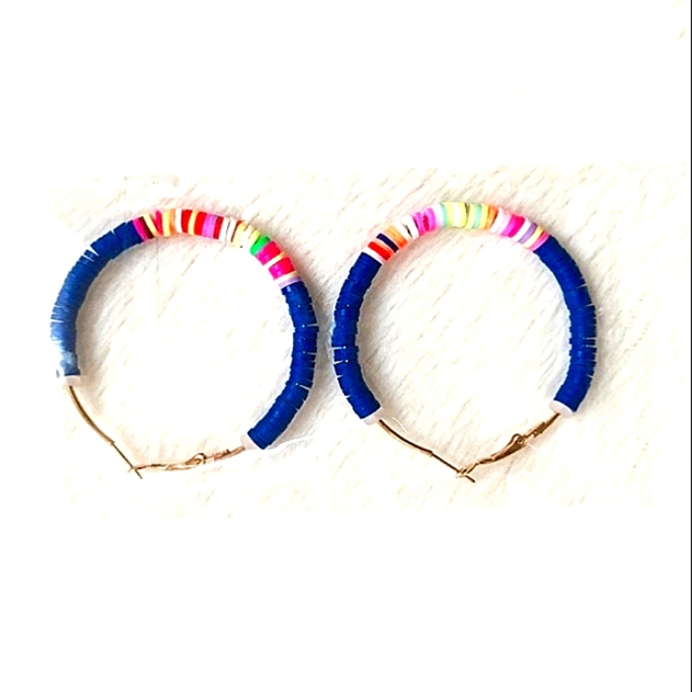 Multicolor Pastel Beaded Hoop Earrings Clay Beads Zinc Alloy Blue NEW